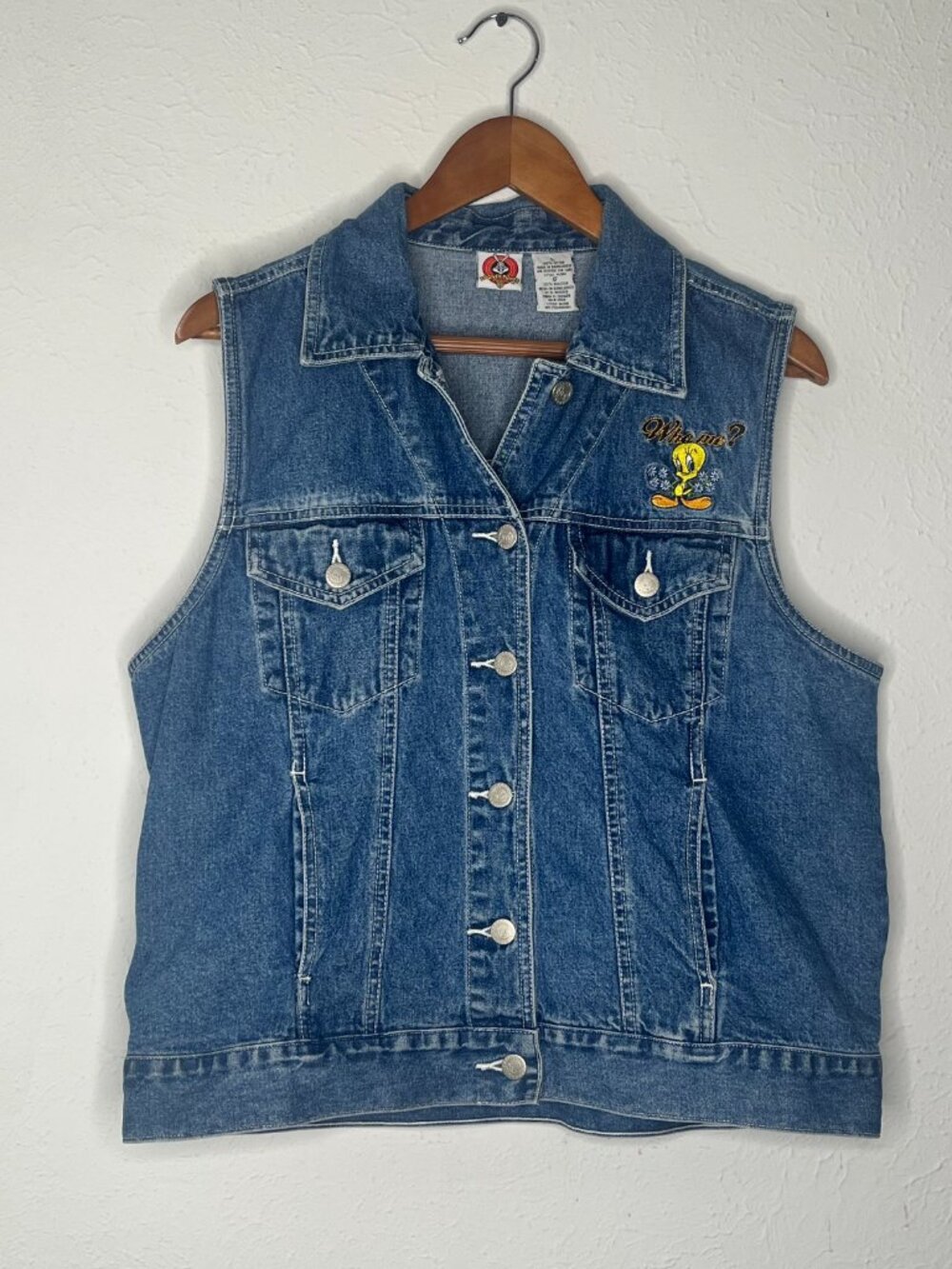 Vintage Womens 90s Tweety Bird Looney Tunes Warner Bros Denim Blue Vest Size L